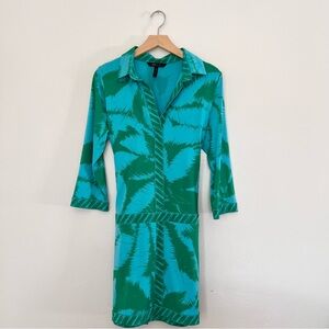 BCBG MaxAzria Retro 60s Green Palm Print Drop Waist Tunic Dress, Sz Large